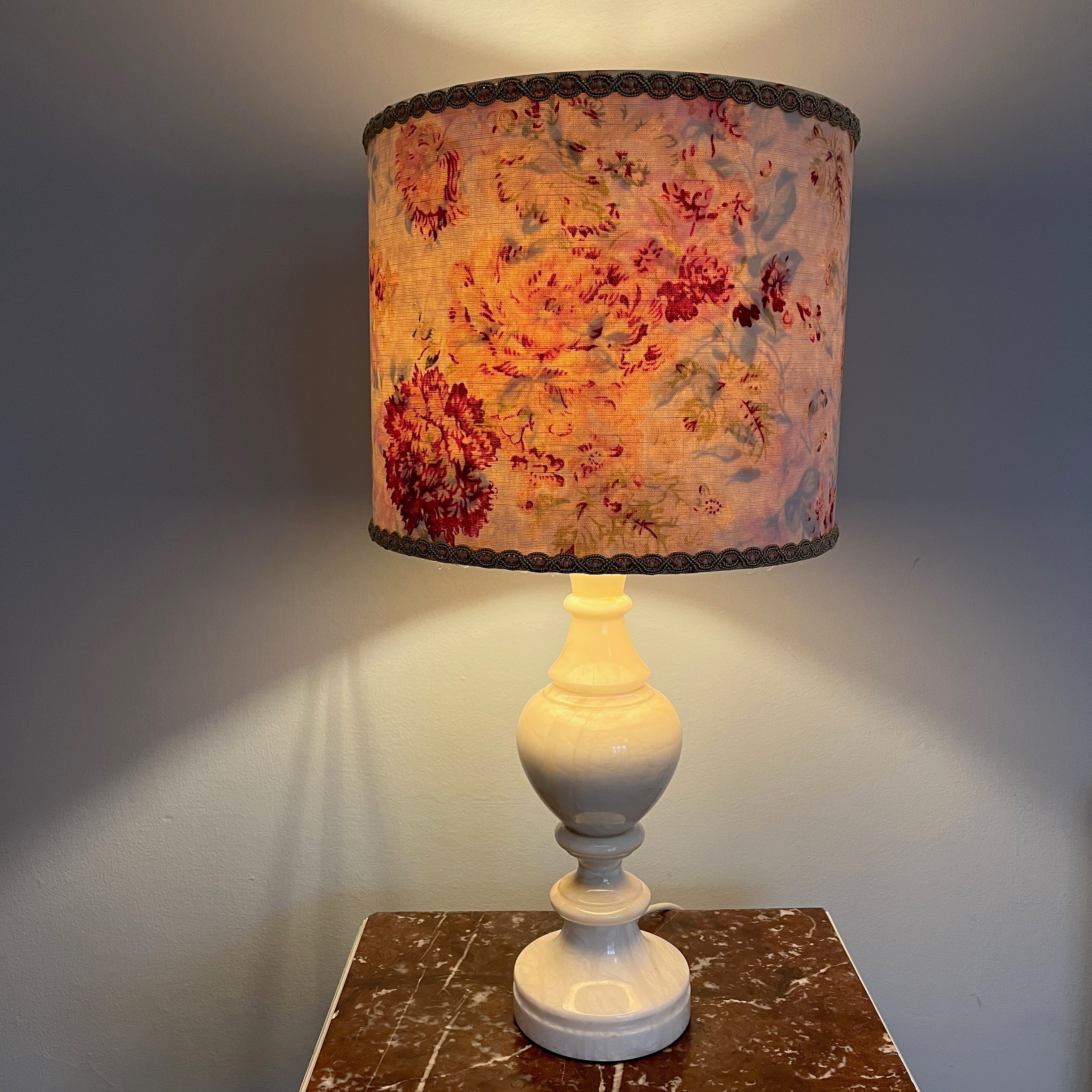 Vintage Linen Lampshade with Vintage French Paper Interior & Tall Wooden Base