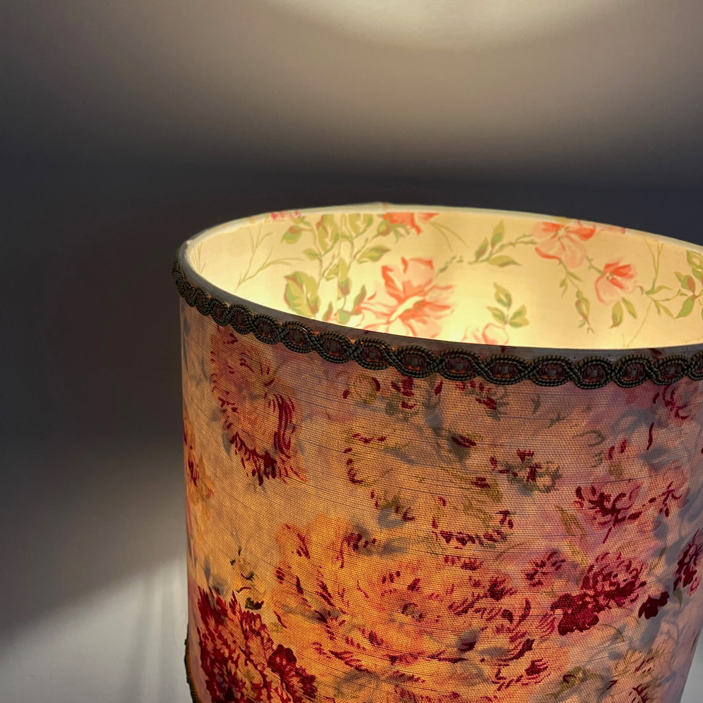 Vintage Linen Lampshade with Vintage French Paper Interior & Tall Wooden Base