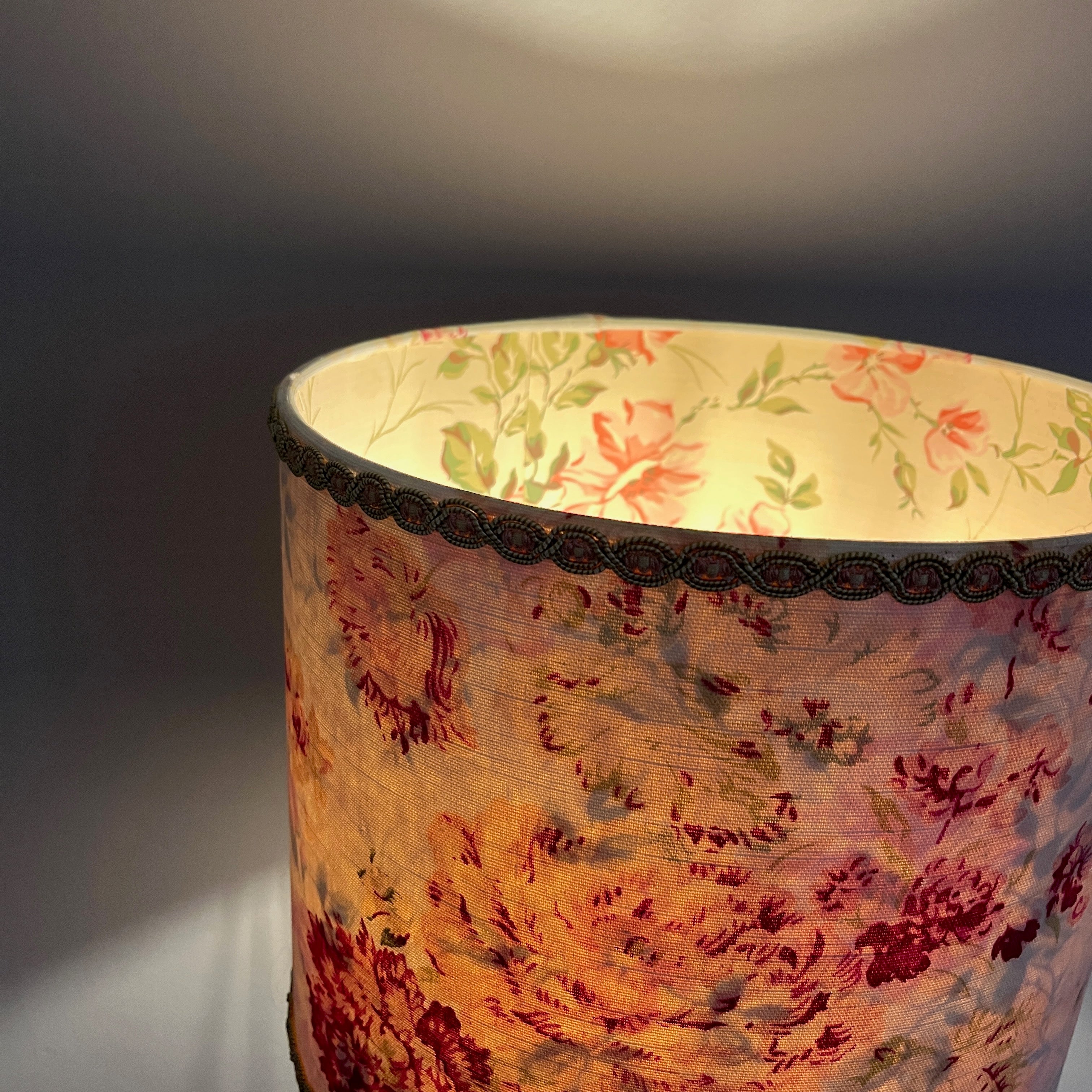 Vintage Linen Lampshade with Vintage French Paper Interior & Tall Wooden Base