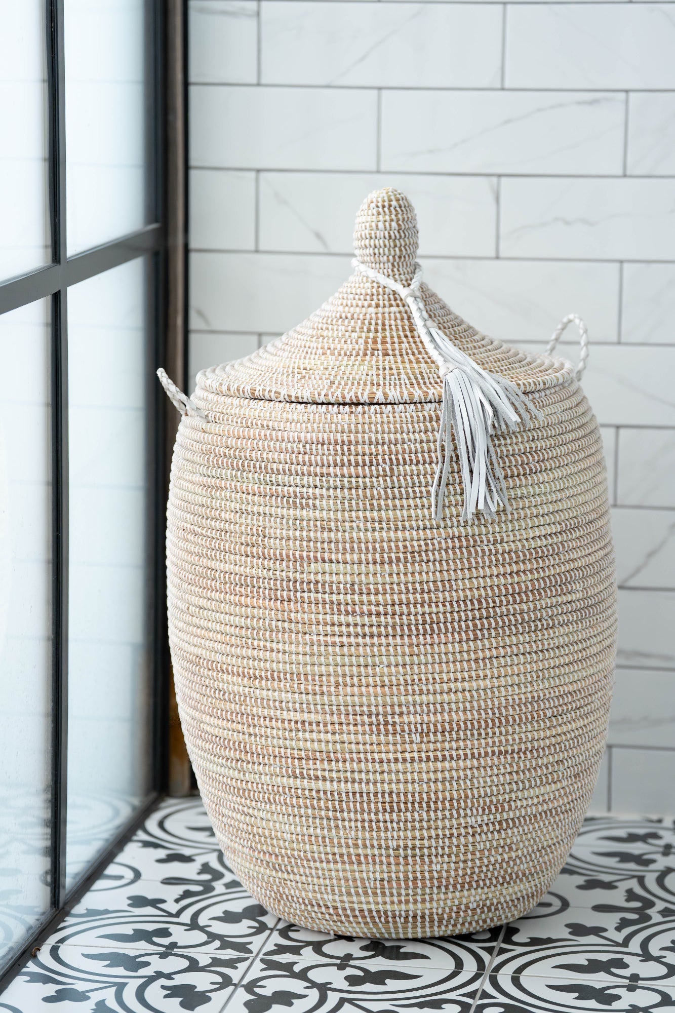White Handwoven Laundry Basket with Lid (Medium & Small)