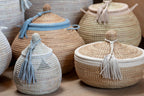 White and Grey Handwoven Statement Basket with White Leather Tassel (Takh)
