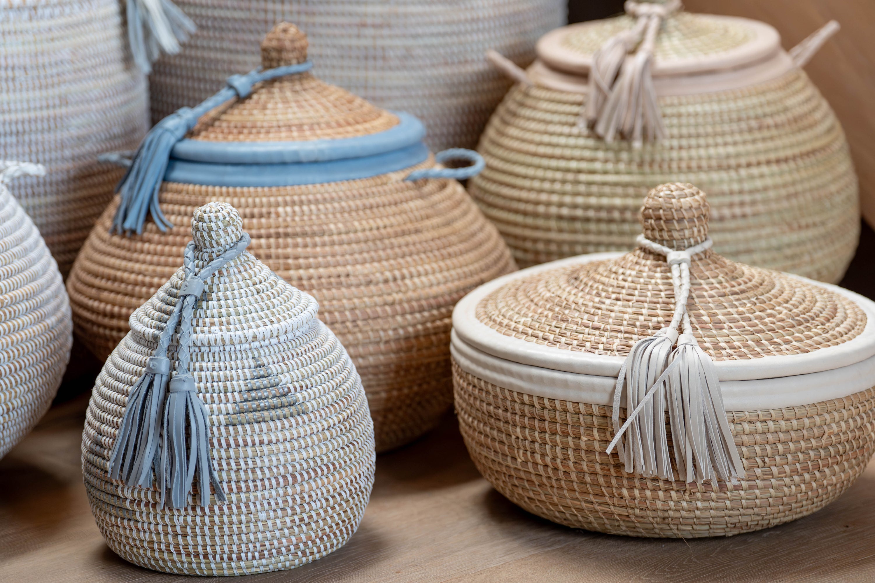 White and Grey Handwoven Statement Basket with White Leather Tassel (Takh)