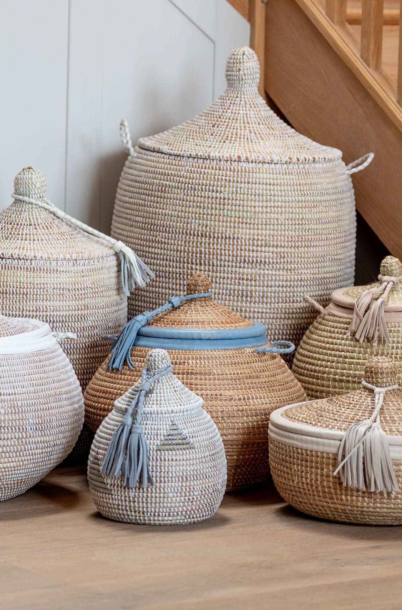 White and Grey Handwoven Statement Basket with White Leather Tassel (Takh)