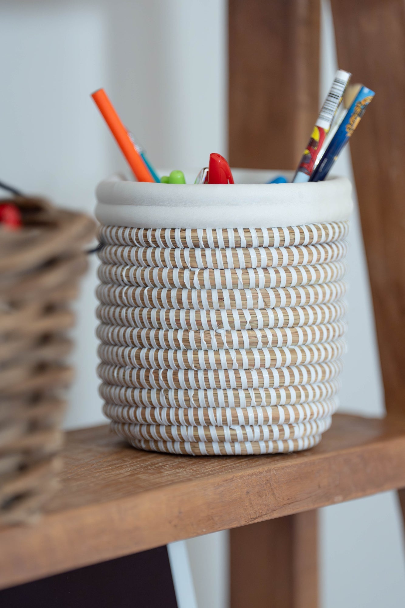 White Handwoven Open Baskets with White Leather Trim
