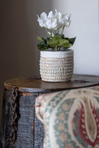 White Handwoven Open Baskets with White Leather Trim
