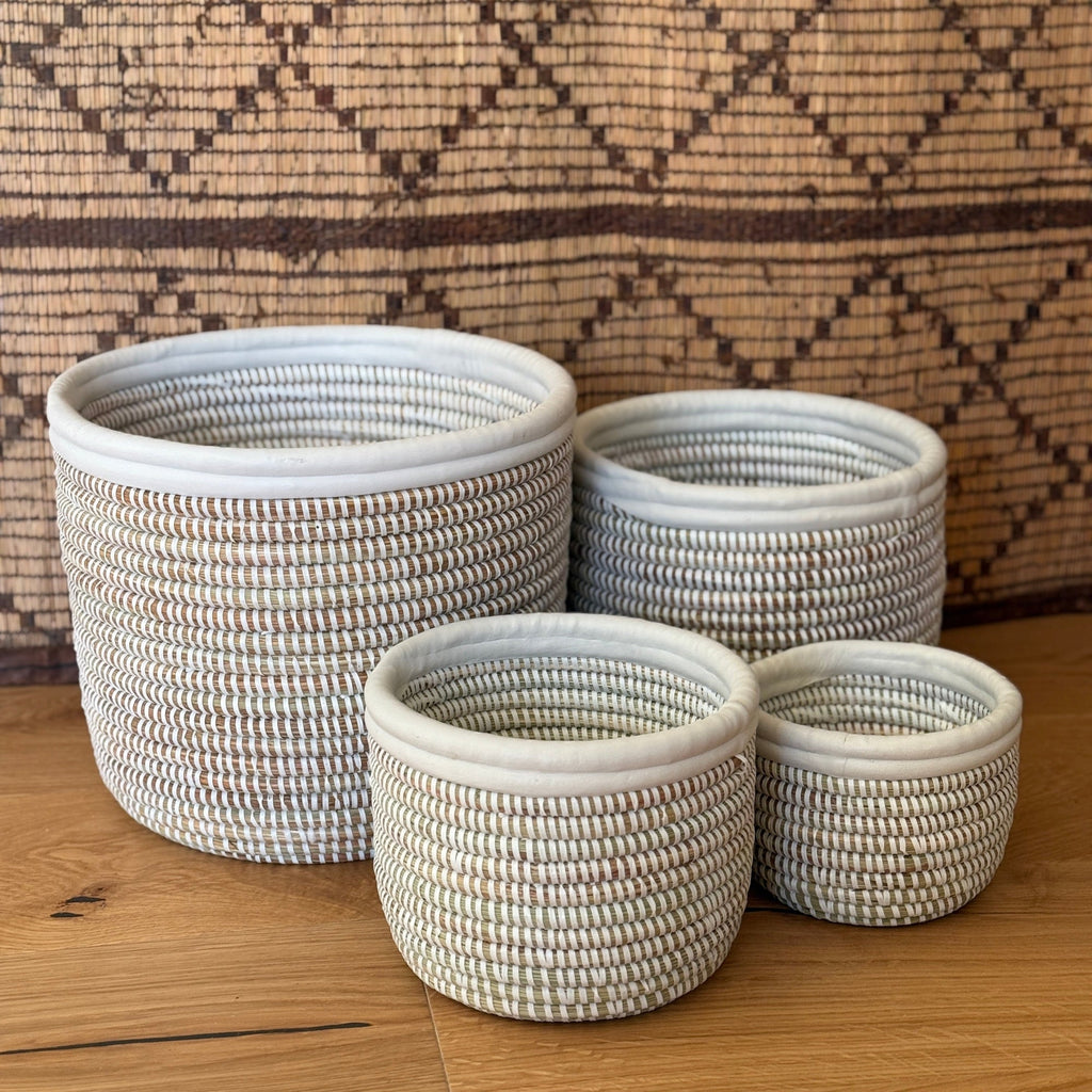 White Handwoven Open Baskets with White Leather Trim