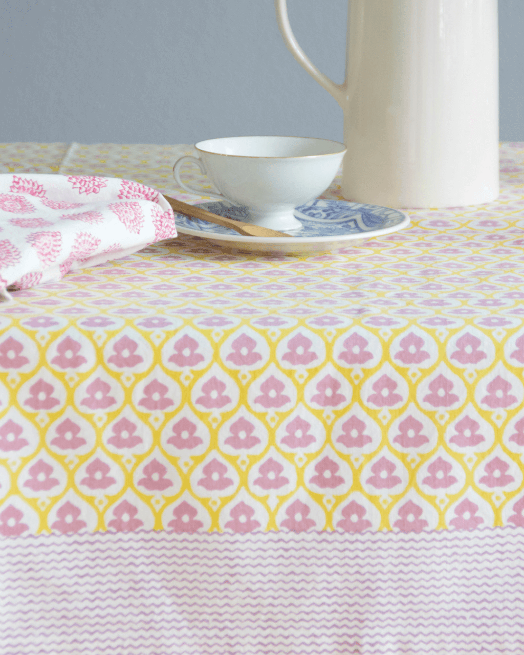 Yellow Floral Block Print Cotton Tablecloth