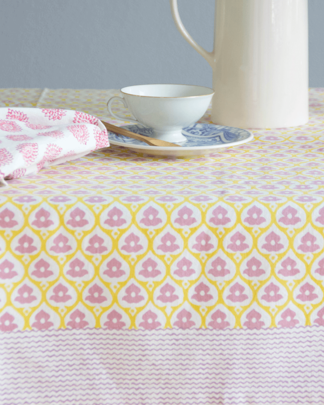 Yellow Floral Block Print Cotton Tablecloth